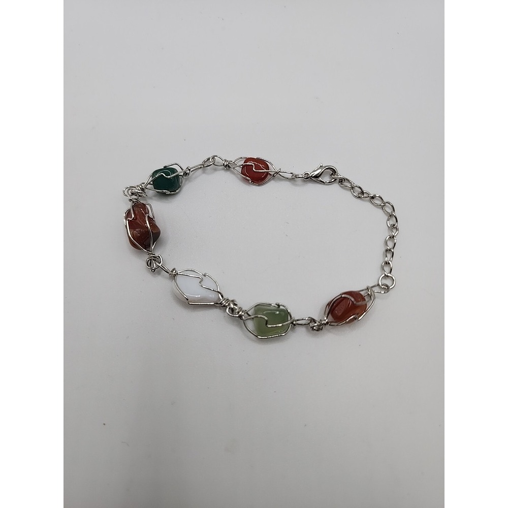Vintage Polished Multicolor Quartz Stone Silver Tone Wire Wrap Art Boho Bracelet - Picture 3 of 10